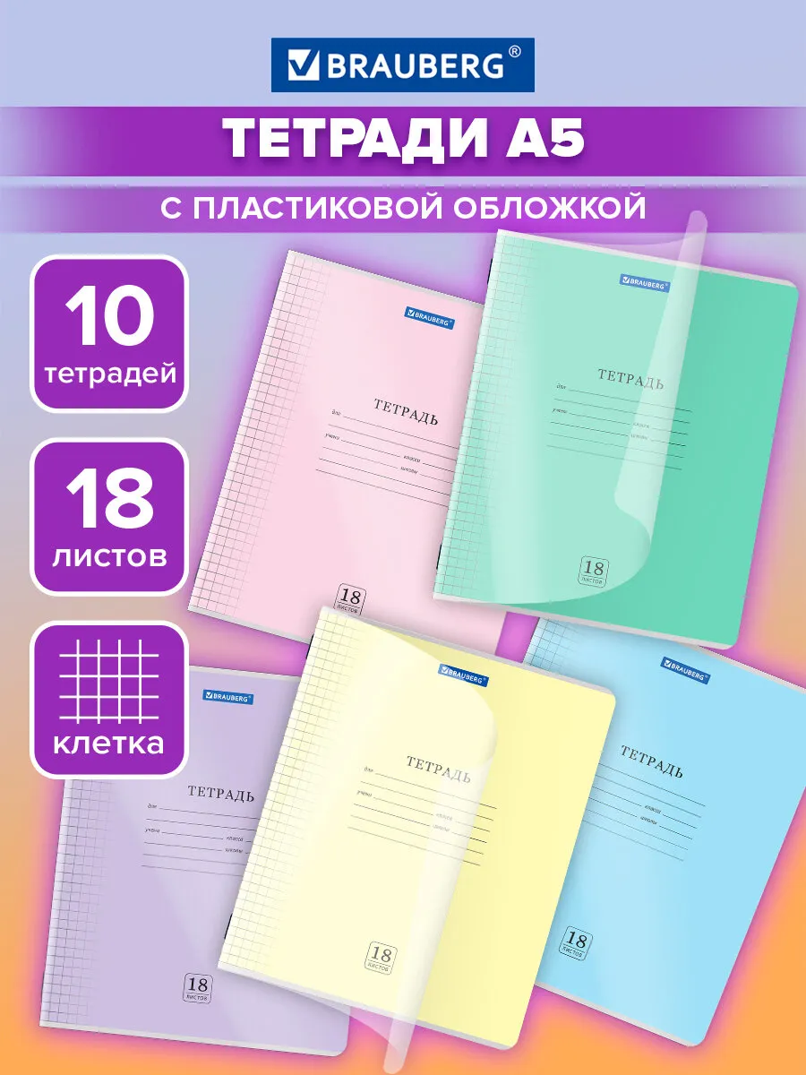 Тетрадь в клетку 18 листов для школы 10 штук обложка пластик