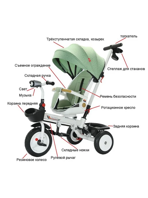 Надежный Дом Велосипед трехколесный детский с ручкой, зеленый, фото 2