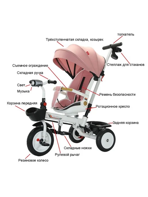 Надежный Дом Велосипед трехколесный детский с ручкой, розовый, фото 2