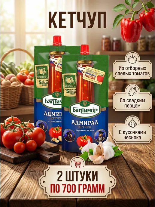 Кетчуп Адмирал с кусочками чеснока, 2шт по 700гр, 2 шт, 700 г