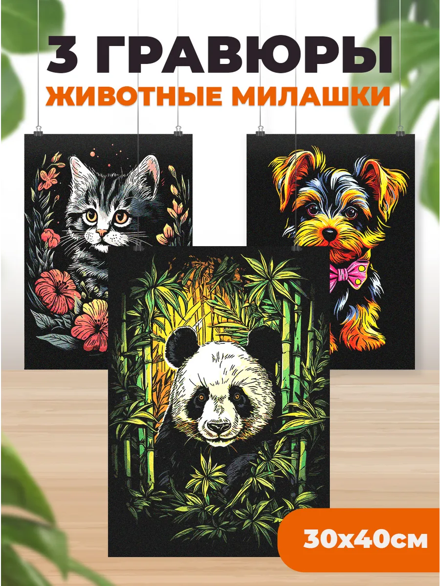 Гравюра для рисования Животные 3 шт.