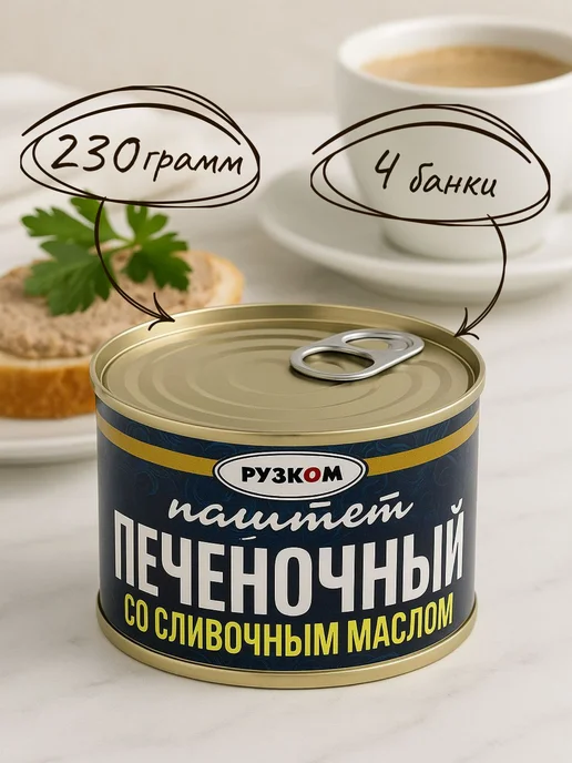 Паштет Печеночный 4шт. РУЗКОМ 230г. со сливочным маслом ГОСТ., 230 г, 4 шт