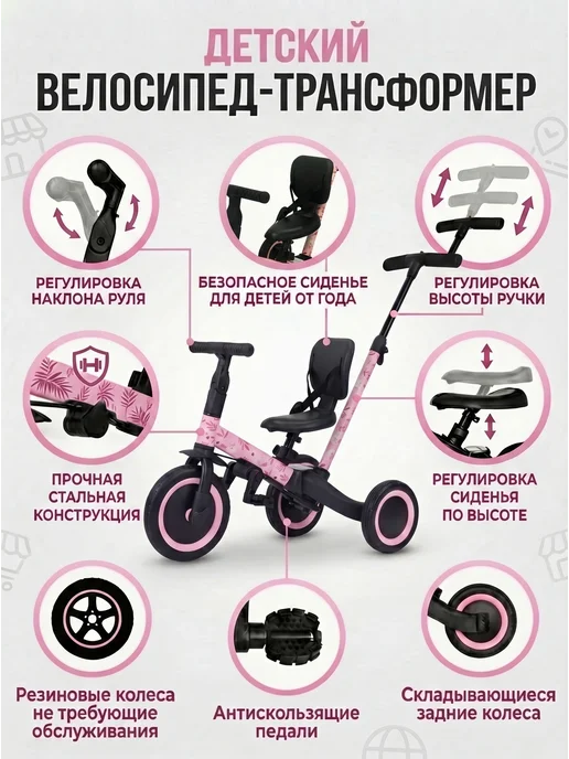 R-Wings Детский беговел-велосипед 4в1 с ручкой - TR007-PINK-PAINT, розовый, фото 3