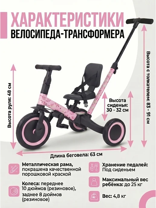 R-Wings Детский беговел-велосипед 4в1 с ручкой - TR007-PINK-PAINT, розовый, фото 4