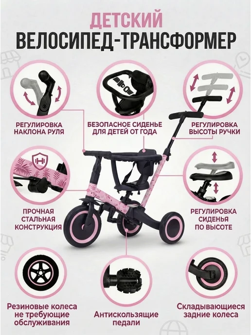 R-Wings Детский беговел-велосипед 6в1 с ручкой - TR008-PINK-PAINT, розовый, фото 3