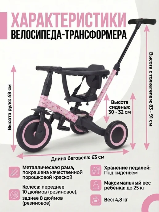 R-Wings Детский беговел-велосипед 6в1 с ручкой - TR008-PINK-PAINT, розовый, фото 4
