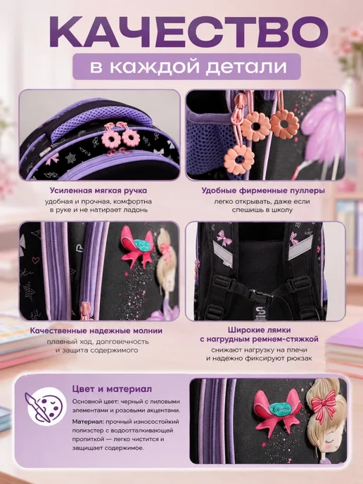 Maksimm рюкзак школьный 1-4 класс ортопедический набор 5 в 1, черный, фото 4