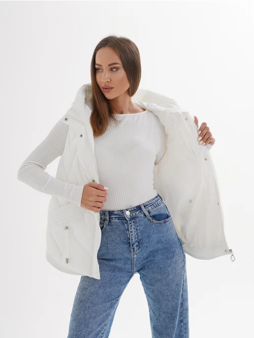 Lucasta Style Жилетка оверсайз утепленная безрукавка с капюшоном, белый, фото 4