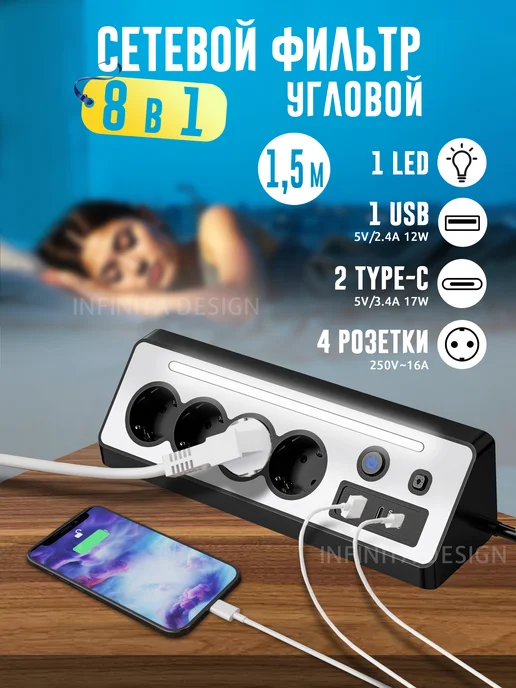Infinita Design Удлинитель сетевой фильтр 1.5 м с USB и Type-C 4 розетки с в…, 1,5 м, фото 2