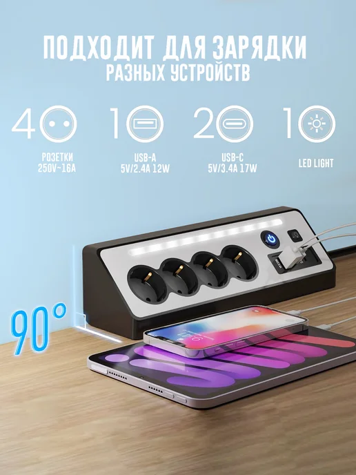 Infinita Design Удлинитель сетевой фильтр 1.5 м с USB и Type-C 4 розетки с в…, 1,5 м, фото 4