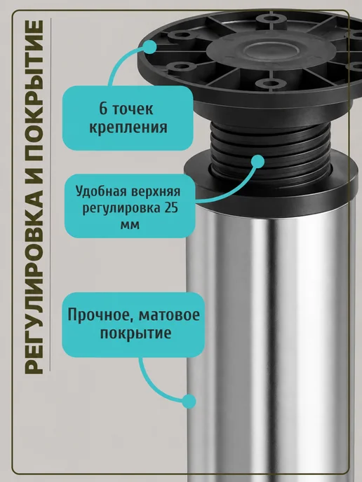 Фабрика мебельной фурнитуры Ножки для мебели регулируемые металлические 25 см хром, 2 шт, хром, фото 4