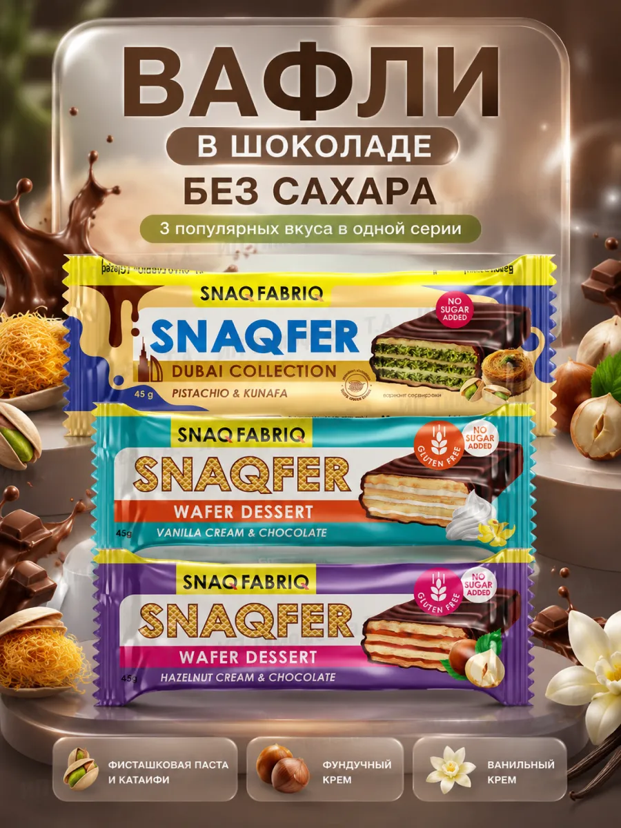 Диетические вафли без сахара Snaq Fabric - ассорти 3шт