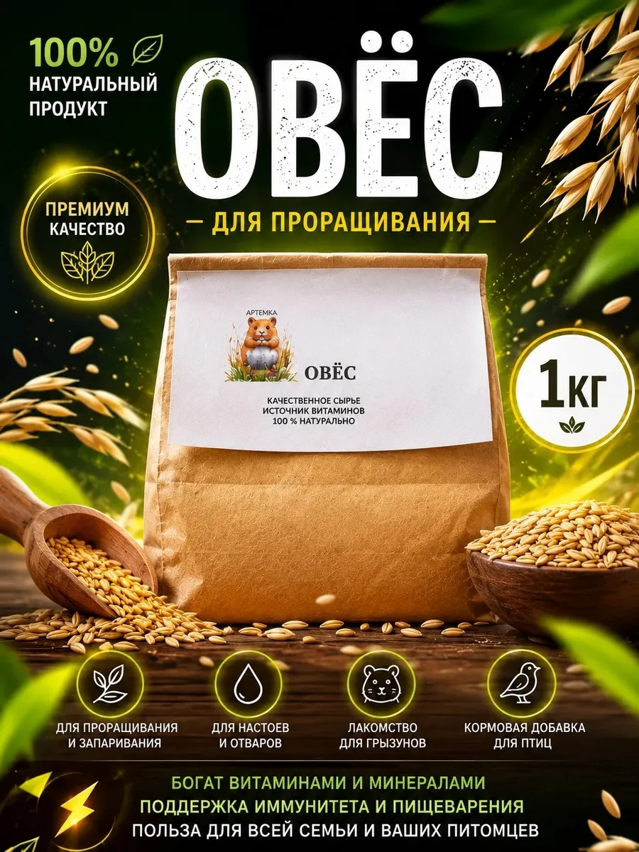 Овёс в оболочке, для проращивания, 1 кг