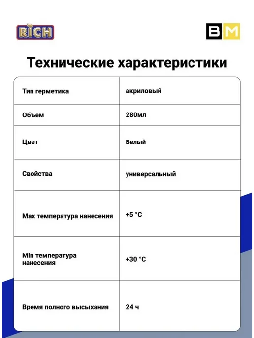Rich Герметик акриловый белый 280 мл, 1шт, 280 мл, 1 шт, фото 6
