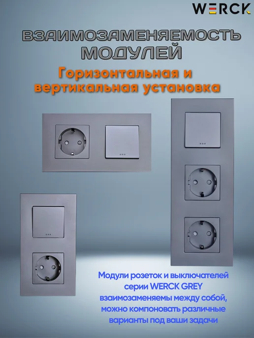 WERCK Розетка 4-местная черная с заземлением и шторками, серый, фото 5
