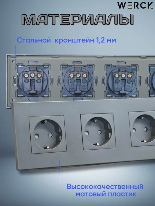 WERCK Розетка 4-местная черная с заземлением и шторками, серый, фото 6