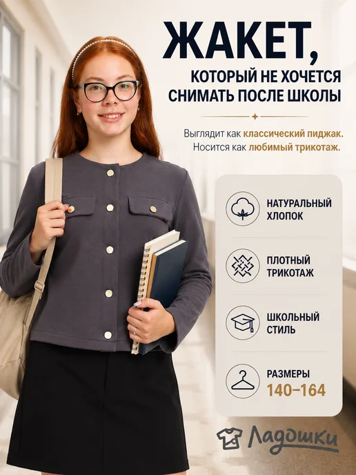 ЛАДОШКИ Жакет школьный подростковый пиджак, форма серая, серый
