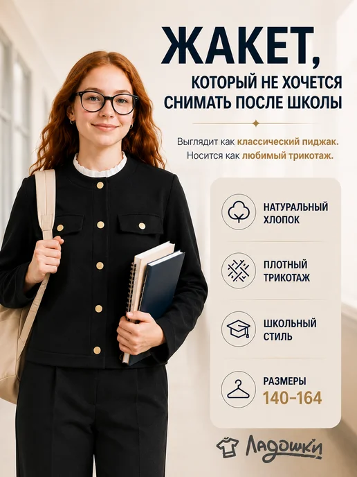 ЛАДОШКИ Трикотажный жакет для подростка пиджак черный школьная форма, черный