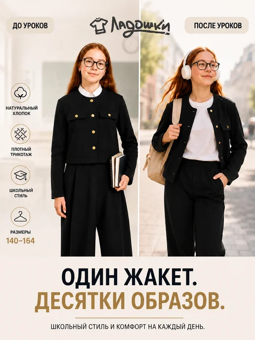 ЛАДОШКИ Трикотажный жакет для подростка пиджак черный школьная форма, черный, фото 3