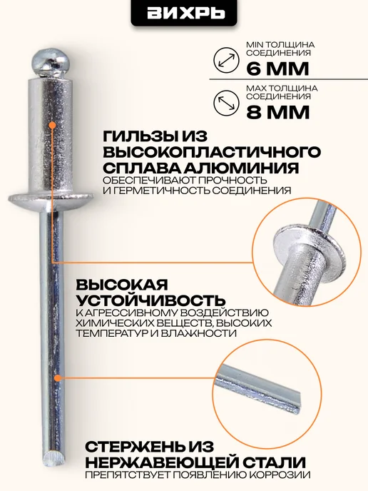 ВИХРЬ Заклёпки алюминиевые 4,0х12 мм, 50 шт, 4.8x12 мм, 50 шт, фото 2