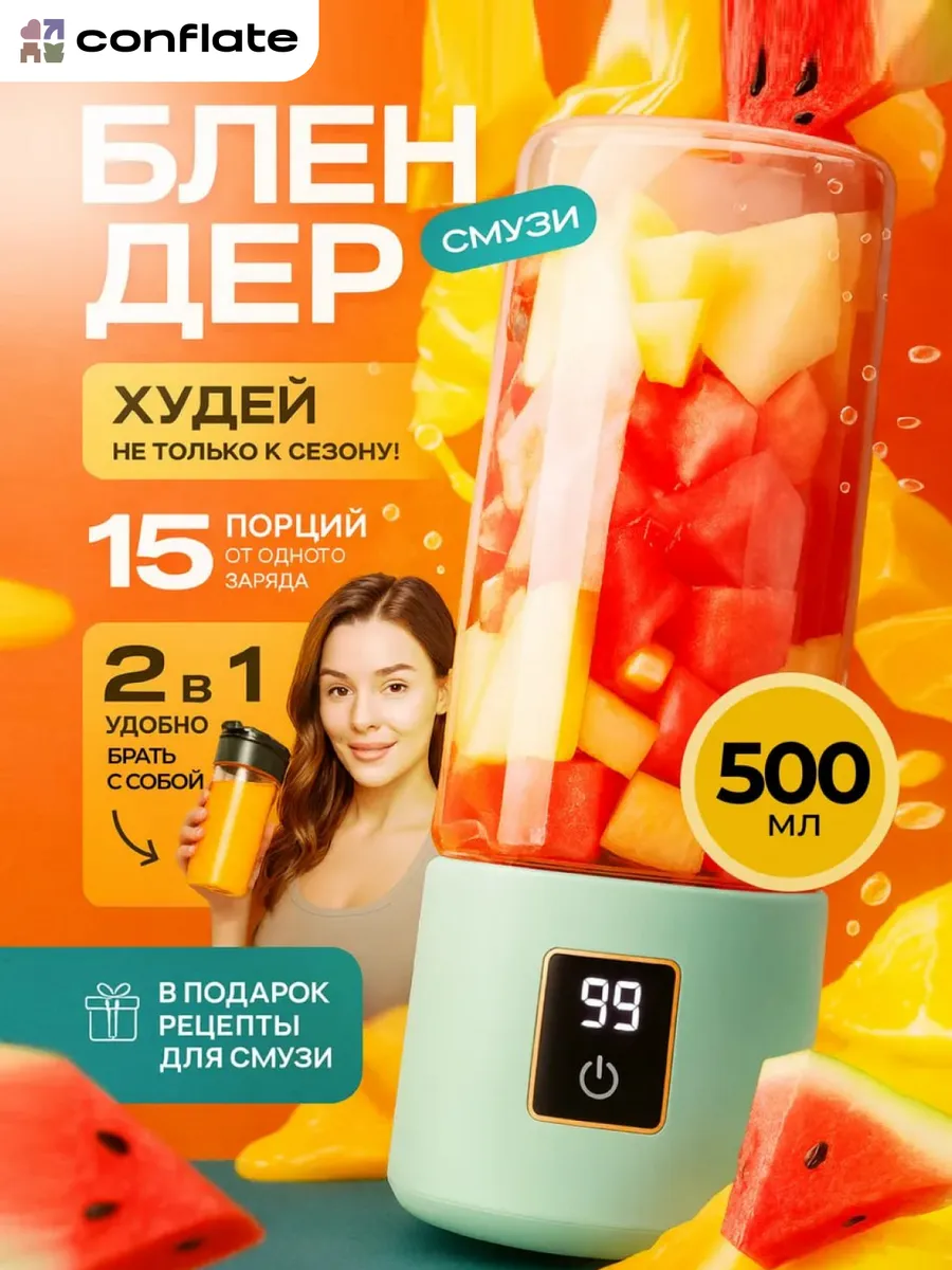 Портативный блендер для смузи и коктейлей с измельчителем