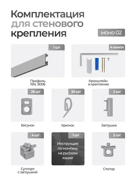hamеleon Карниз для штор 180см настенный однорядный из алюминия, серый, фото 5