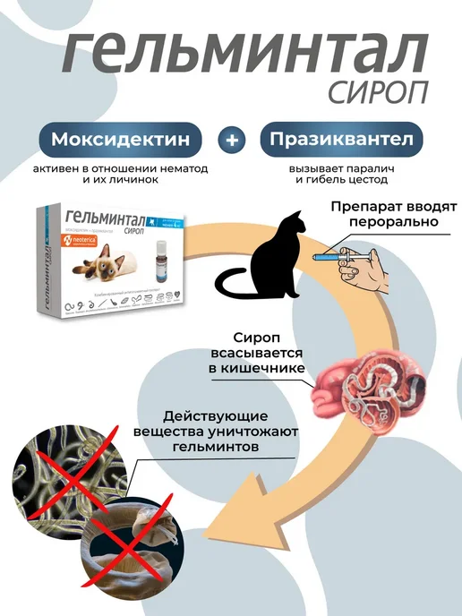 Гельминтал Сироп антигельминтный для котят и кошек менее 4 кг 5 мл, 4 кг, 5 мл, фото 6