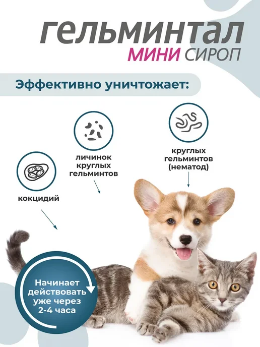 Гельминтал Мини Сироп для щенков и котят комбинированный 10 мл, 10 мл, фото 2