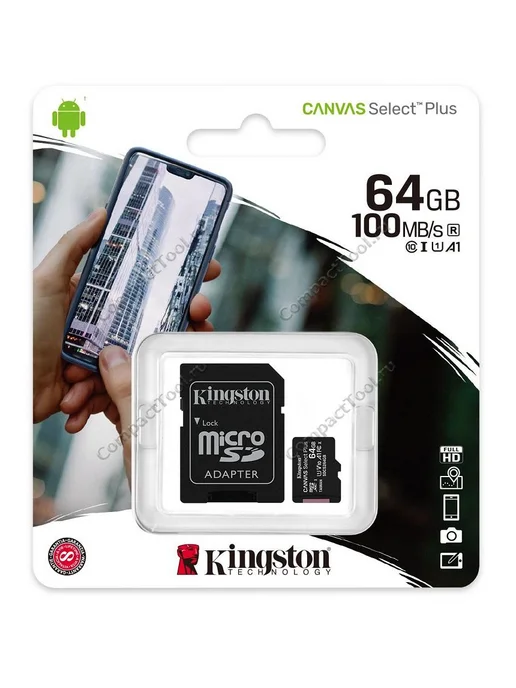 Kingston Technology Карта памяти MicroSDHC 64Gb Canvas Select Plus Class 10, 64 ГБ