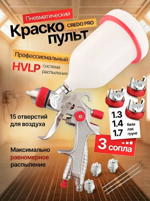 CREDO PRO Краскопульт пневматический профессиональный 1.3 1.4 1.7 мм, серый