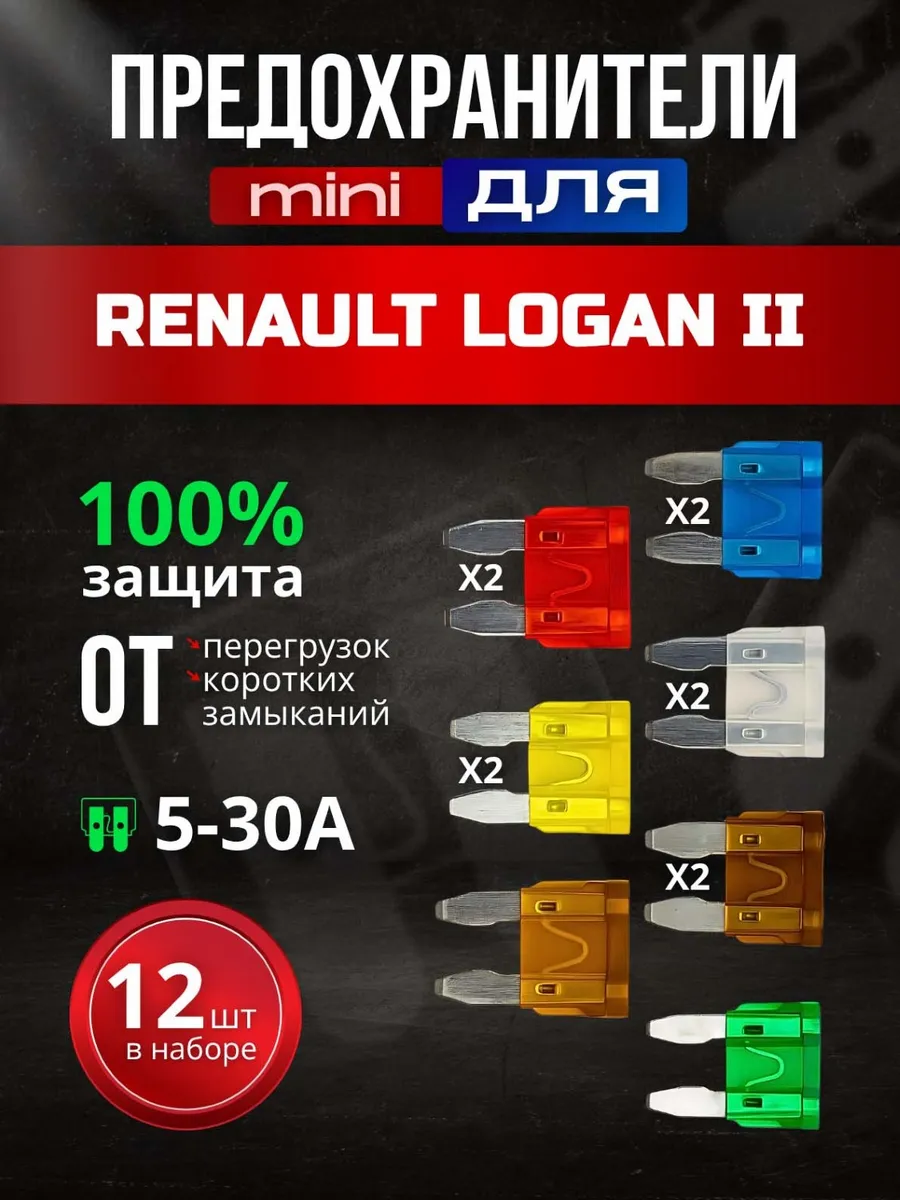 Предохранители для Рено Логан 2, Мини, 12 штук с пинцетом