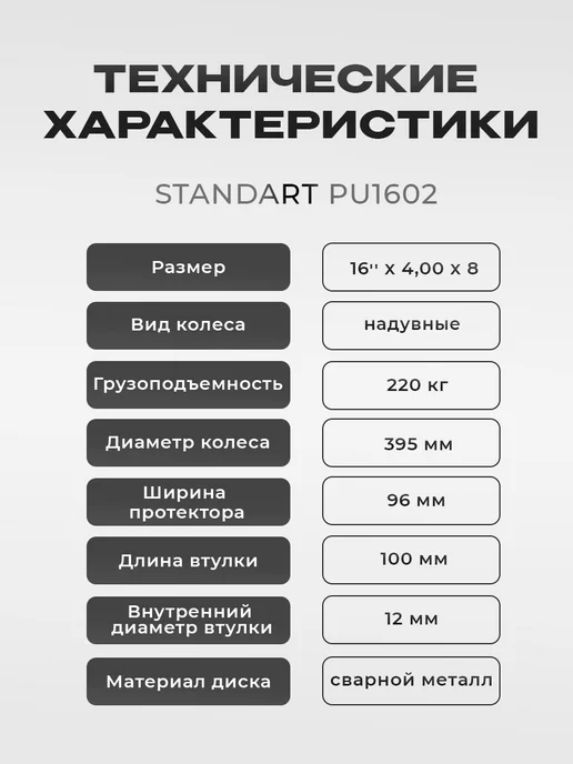 Колесо для тачки 16x4 00x8 12 полиуретановое PU1602, 16x4, фото 5