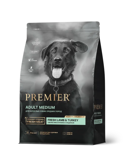 Сухой корм PREMIER для собак, взрослые, средние, индейка, ягненок, 1 кг