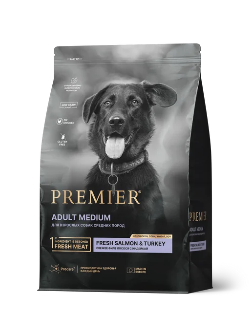 Сухой корм PREMIER для собак, взрослые, средние, индейка, лосось, 10 кг