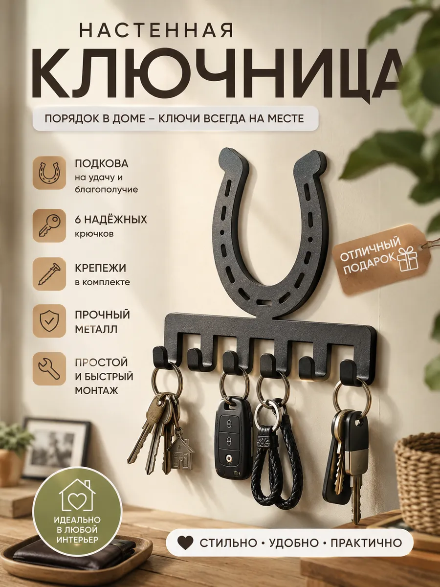 Ключница настенная в прихожую металлическая Подкова