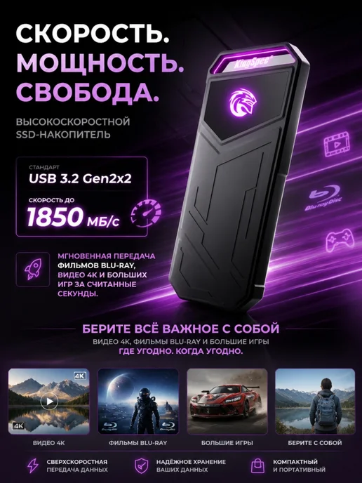 Kingspec Внешний SSD 512 ГБ USB 3.2 Type-C портативный диск, 2 ТБ, фото 3