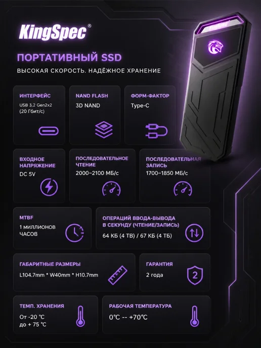 Kingspec Внешний SSD 512 ГБ USB 3.2 Type-C портативный диск, 512 ГБ, фото 7