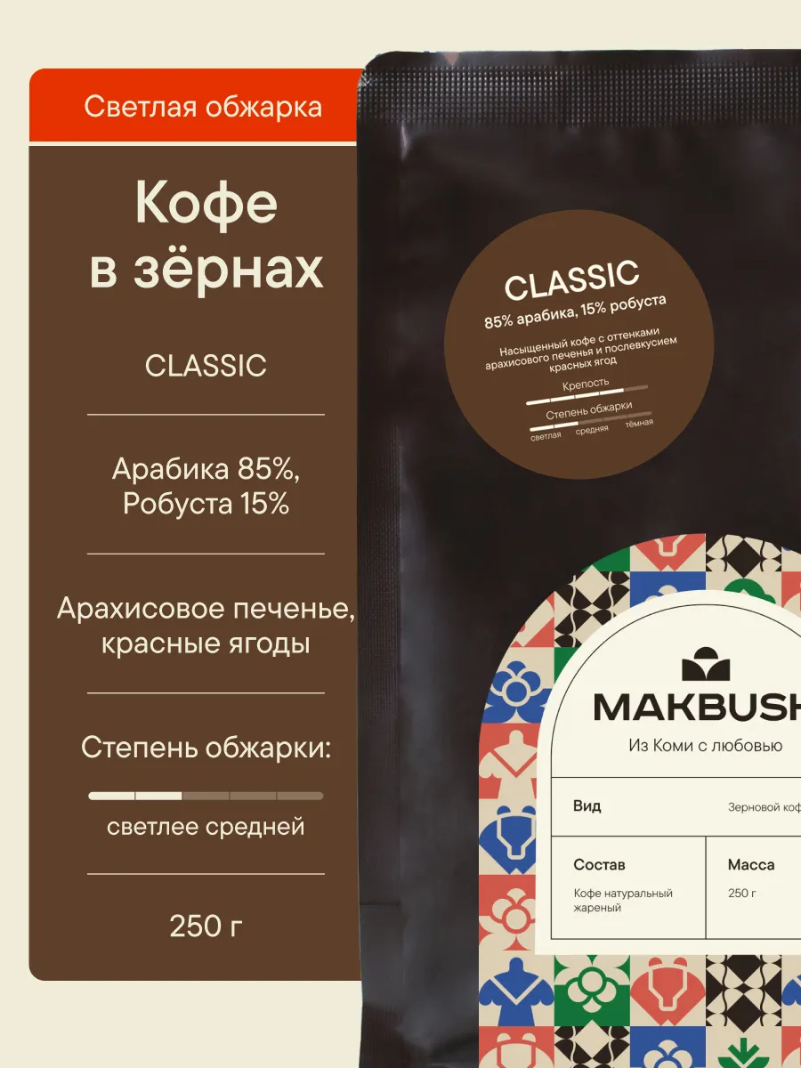 Кофе в зернах светлой обжарки CLASSIC 250 г, свежеобжаренный