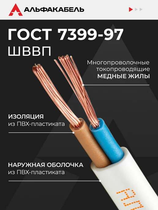 АЛЬФАКАБЕЛЬ Провод электрический ШВВП 2х0,75 ГОСТ, 5м, 2x0.75, 20 м, фото 2