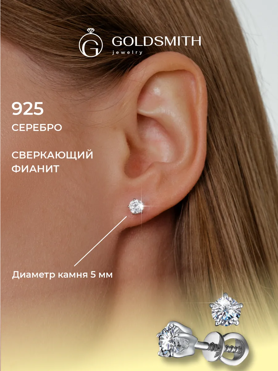 Серьги гвоздики серебро с фианитами