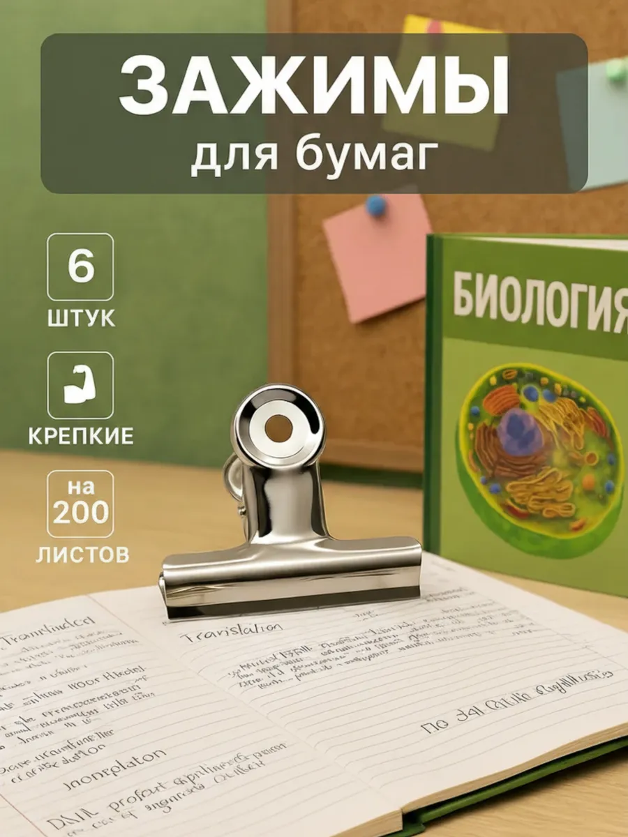 Зажимы для бумаги металлические большие 6 штук