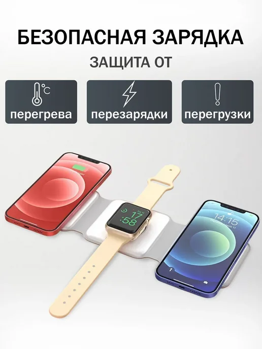 Док-станция Беспроводная зарядка iphone 3 в 1 складная, белый, фото 2