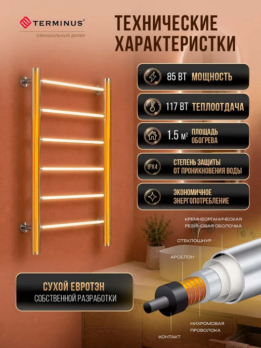 TERMINUS Полотенцесушитель электрический в ванную Аврора П6 400х650, 400x650, фото 4