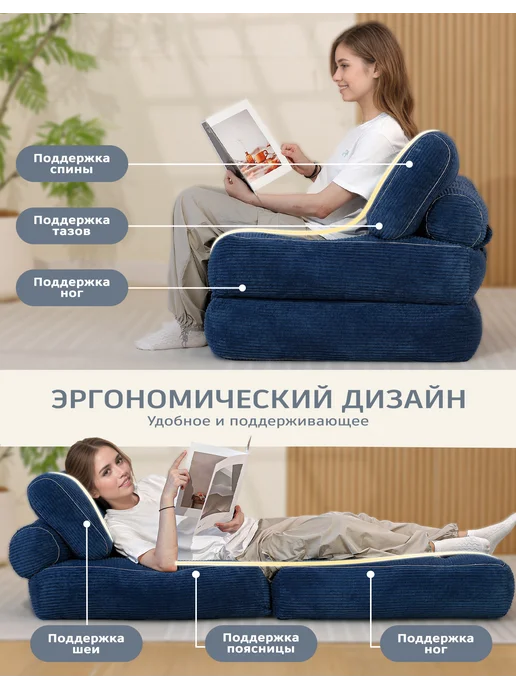 UODERS Универсальный бескаркасный диван-кровать 3-в-1, синий, фото 7