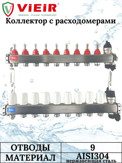 vieir Коллектор для теплого пола 9 контуров в сборе, серый