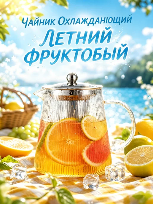 VividNook Стеклянный чайник 1000 мл для фруктового чая, для лета, 1 л