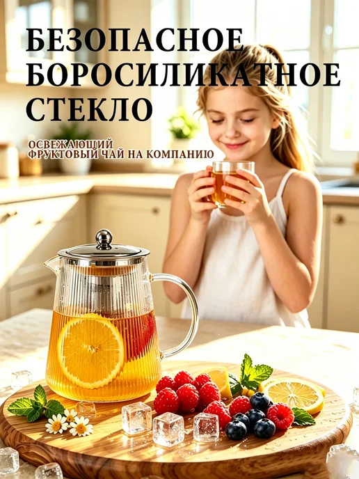 VividNook Стеклянный чайник 1000 мл для фруктового чая, для лета, 1 л, фото 2