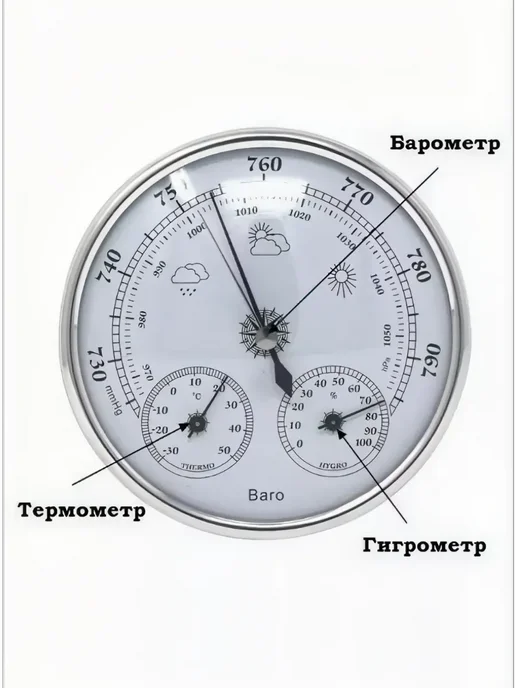 ACORNSTORE Барометр гигрометр 3 в 1 TH9392S серебро, серебристый, фото 7