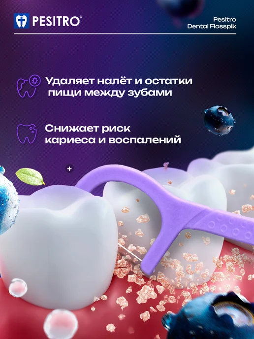 Pesitro Зубочистки с нитью флоссеры для зубов 100 шт черника, 100 шт, фото 2