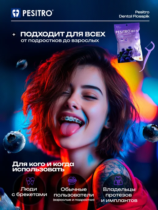 Pesitro Зубочистки с нитью флоссеры для зубов 100 шт черника, 100 шт, фото 3